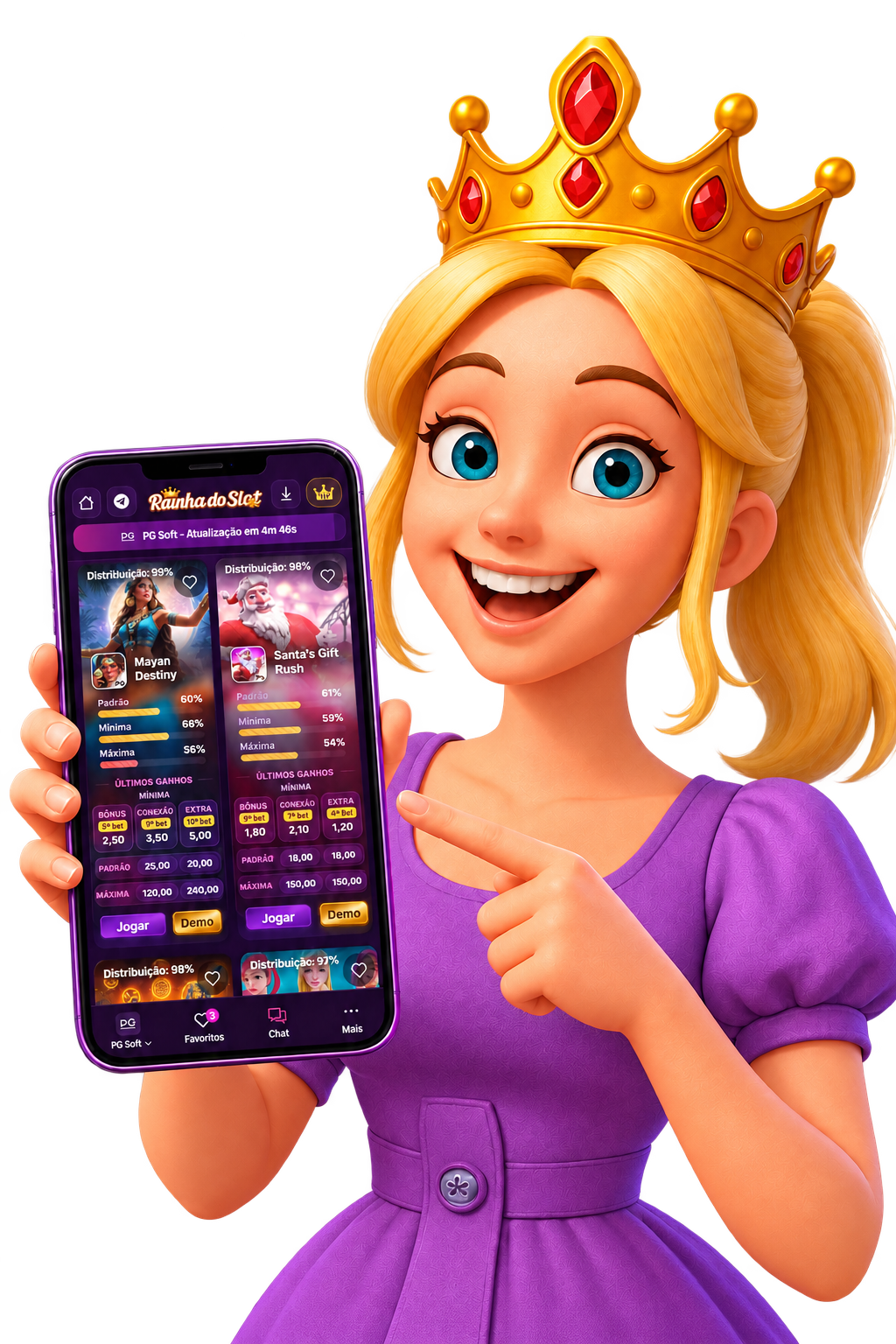 Mascote Rainha usando um celular com o site Rainha do Slot.