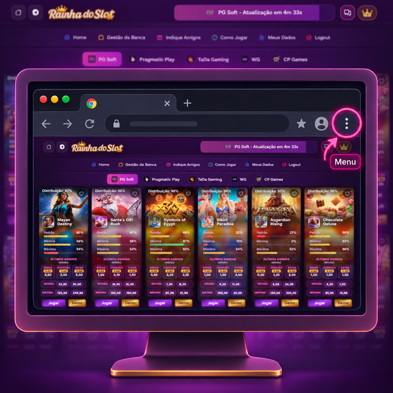 Ilustração de um computador com o menu de três pontos do navegador destacado.